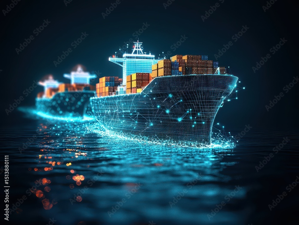Poster interconnected shipping global concept. Digital rendering of cargo ships sailing through illuminated waters at night.