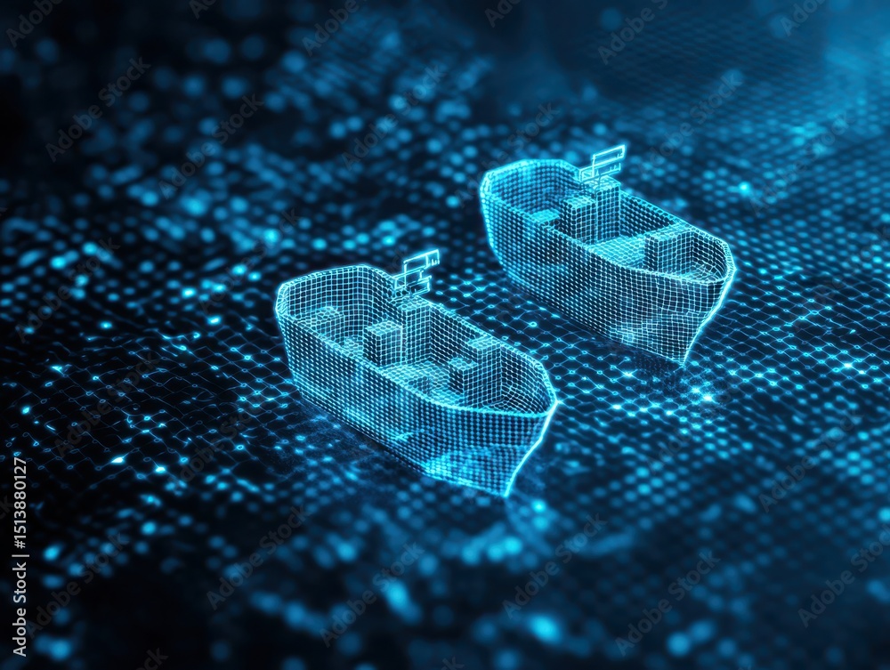 Poster interconnected shipping global concept. Digital wireframe boats navigating through a matrix of blue data points.