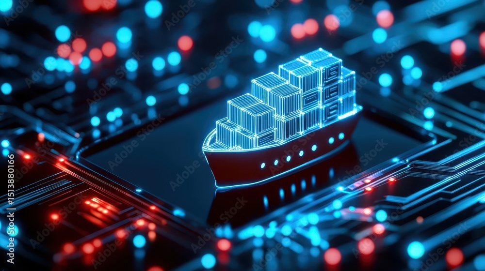 Poster interconnected shipping global concept. futuristic cargo ship on a circuit board with glowing blue a