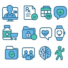 Modern Telemedicine Icon Set – Flat Medical Vector Pack with Transparent Background