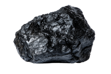 Raw black mineral stone, rough textured with shiny surfaces, suitable for jewelry making or decorative purposes. Isolated on white background or PNG