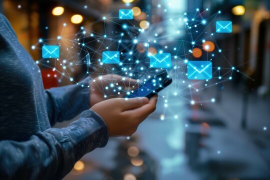 Person using smartphone with email network connection, representing digital communication and technology, close-up shot