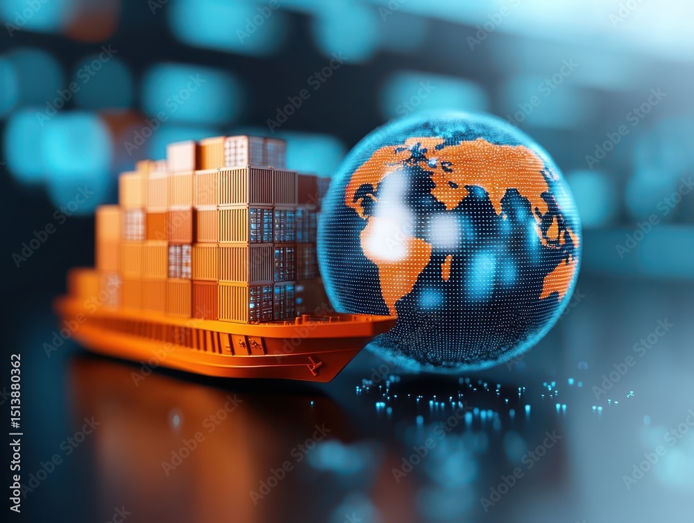 Poster interconnected shipping global concept. digital representation of global trade with a cargo ship and