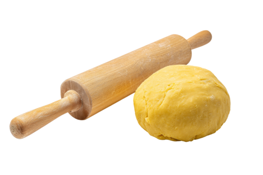 Baker's essentials, wooden rolling pin beside fresh dough, kitchen context highlighting culinary preparation and baking themes. Isolated on white background or PNG
