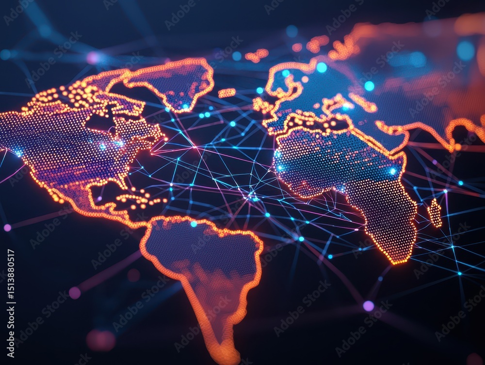 Fototapete interconnected shipping global concept. Digital world map with glowing connections and nodes representing global networks.