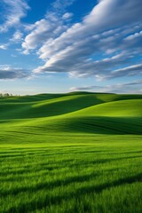 Fototapeta premium Rolling green hills under a blue sky with fluffy clouds