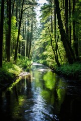 Obraz premium Serene forest river sunlight through trees canopy