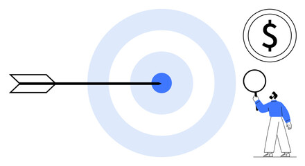 Arrow hitting targets center, person with circle, and dollar sign highlight focus, precision, and results. Ideal for success, goal-setting, business strategy, investment financial growth marketing