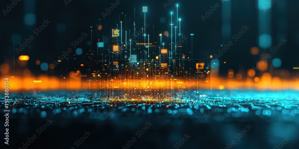 Poster interconnected shipping global concept. futuristic digital cityscape with vibrant colors and abstrac