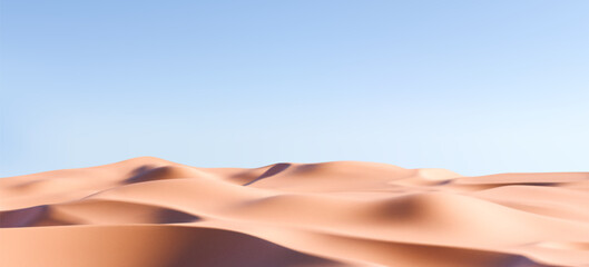3D realistic sand dunes landscape with hills and hot summer terrain. Render of desert dune or beach with sandy texture and blue sunset sky. Product podium and summer sale concept. 3D realistic vector © janevasileva