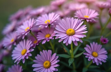 Close-up dwarf pink aster. Daisy-shaped flowers, yellow center. Blooming low clump or hedge in autumn. Blossoming plant in garden, natural outdoor. Beautiful colours of fall season.