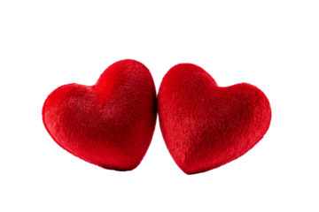 Two plush red hearts, soft texture, symbolizes love and affection, perfect for Valentine's Day or romantic themes, copy-space available. Isolated on white background or PNG
