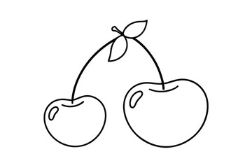 Simple black and white outlined illustration of two cherries with stems and leaves