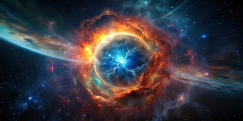 Obraz premium Neutron Star Formation: Supernova Remnant, Stellar Collapse, Gravity, Dense Celestial Object, Proton-Electron Merger, Aerial Photography