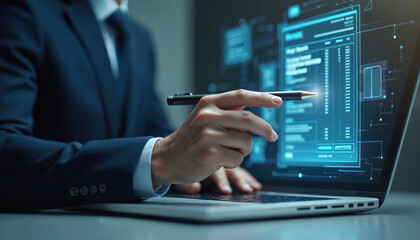 Fototapeta premium Business pro uses stylus to access digital invoice on laptop. Man in suit, working with online billing interface. Tech, finance, accounting, business, digital invoice concept.