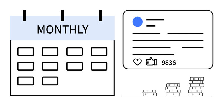 Calendar with monthly overview, social media post with thumbs ups and engagement metrics, stacked coins representing financial progress. Ideal for organization, planning, social media, finance