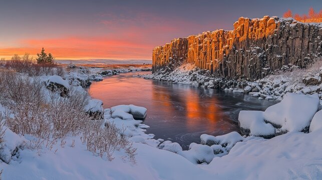 Snowy winter landscape, basalt cliffs, sunrise reflection