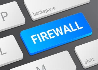 Fototapeta premium Close Up Firewall Button on Laptop or Computer Keyboard for Network Security, Cyber Protection, Data Safety, and Internet Defense 3D Illustration