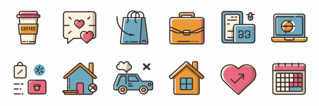 Vector icon sheet of modern daily life essentials – Suitable for digital planners, minimalist lifestyle branding, or user interface design