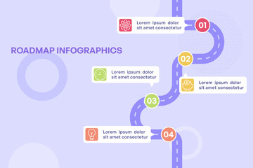 Spiral Infographic Path with Four Colored Icons and Vertical Alignment