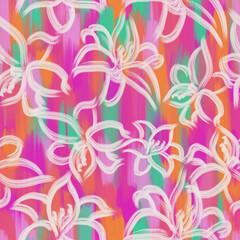 Vibrant Brushstroke Floral seamless Pattern with Hand Drawn White Flowers on Colorful Abstract Background