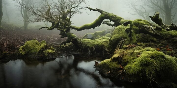 Mossy ancient tree by a stream in a misty forest