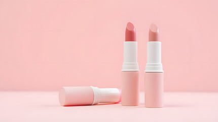 Pink lipstick cosmetic mockup on a pink background.
