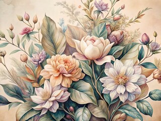 Fototapeta premium Pastel Botanical Prints: Interlocking Floral Illustrations, Beige Background, Nature Art