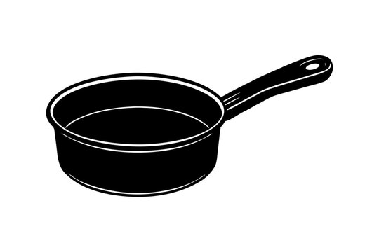 Black and white saucepan illustration with handle isolated on white background