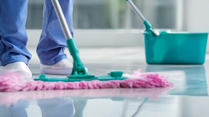 Cleaner in blue scrubs mops floor with pink mop near teal bucket inside building, promoting hygiene and maintenance