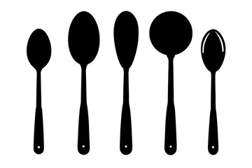 Silhouette collection of various spoons and utensils on a white transparent background