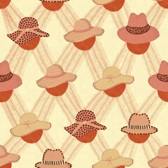 Whimsical Summer Hats Seamless Pattern with Hand-Drawn Retro Straw and Sun Hats on Cream Background