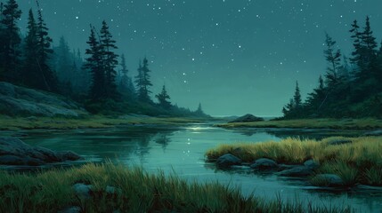 Night Landscape with Starry Sky and Calm Water