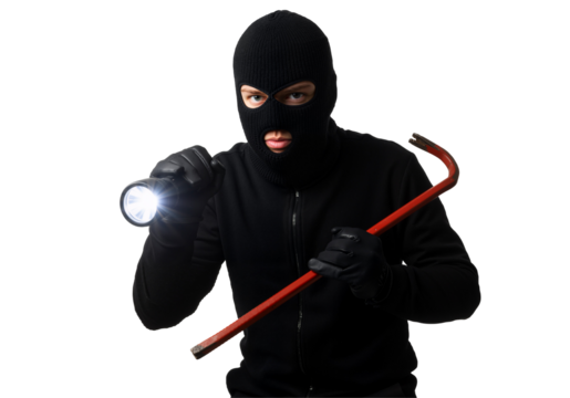 A man wearing a black mask holds a flashlight in one hand and a hammer in the other, ready for action.