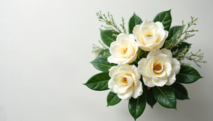 Elegantly arranged artificial gardenia flowers with greenery on white background. Floral composition spring beauty, decoration ideas. Perfect for home decor, wedding design, celebration, holiday
