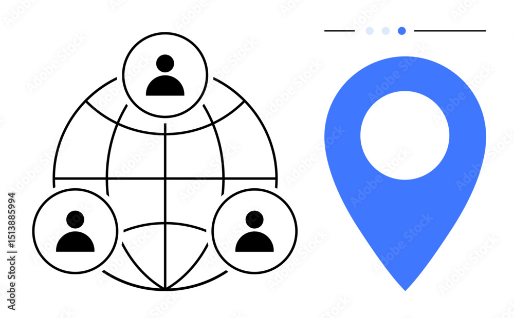 Poster globe with user profiles representing networking alongside blue geolocation marker. ideal for techno