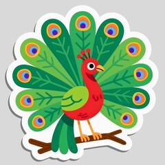 Obraz premium Red-Green Cartoon Peacock with Spread Tail on Branch – Vector Art