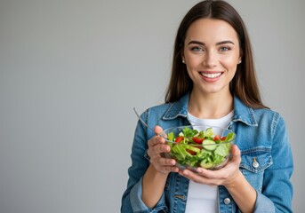 Woman holding a bowl of salad isolated on white background