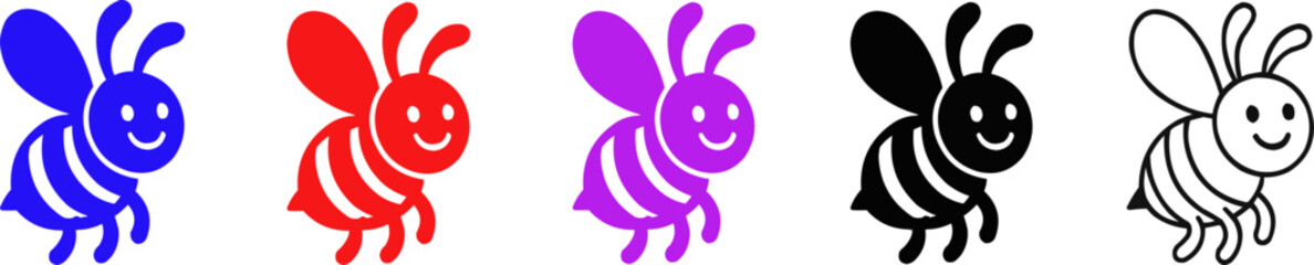 Five Cute Cartoon Bee Illustrations in Different Colors