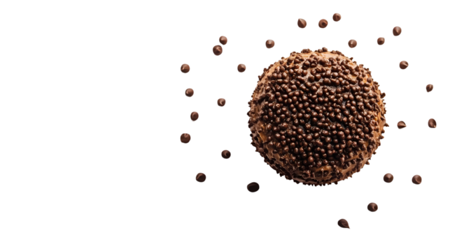 A chocolate truffle covered in small chocolate balls   with pixelated effects isolated on transparent background