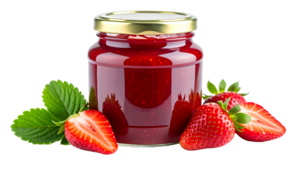 Strawberry jam in a jar isolated on transparent background