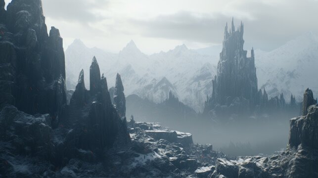 Majestic dark castle amidst snowy mountain peaks fantasy landscape - Powered by Adobe