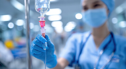 Healthcare professional in blue scrubs and mask adjusts IV drip in hospital setting, focusing on patient care. scene conveys sense of precision and dedication
