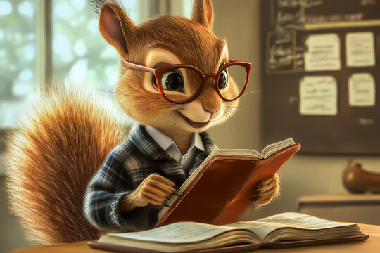 Squirrel reading a book