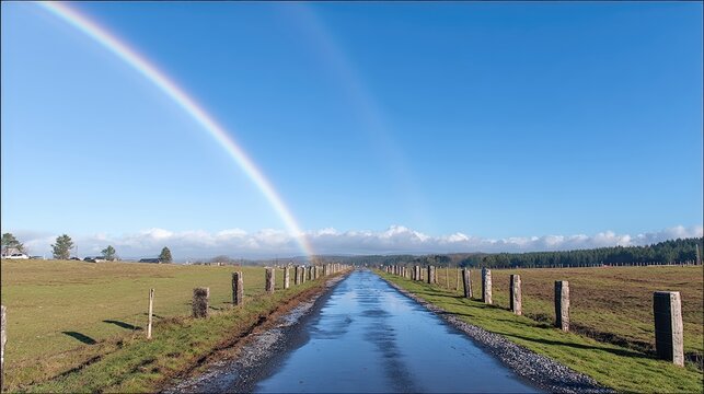 Rural Road Leads to a Vivid Double Rainbow Over Wet Pavement and Green Fields