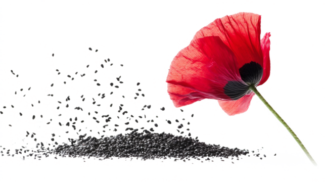 Create stunning abstract red and black poppy flower seeds artwork with high fidelity watercolor splashes isolated on white or transparent background. - Powered by Adobe