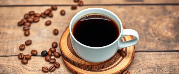Rustic wooden coaster holds coffee cup, scattered beans,  tabletop photography, coaster