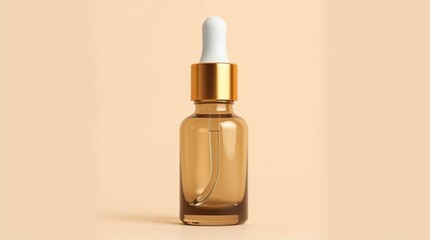 A clear glass bottle with a gold lid and a white dropper sits on a pale beige background