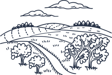 Fototapeta premium Scenic rural landscape with fields, rolling hills, trees and clouds countryside agriculture, nature view line art