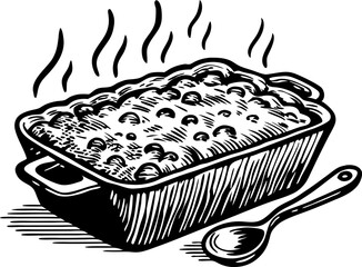 Baked casserole dish illustration hot steaming food in oven pan with spoon, hand drawn vintage engraving